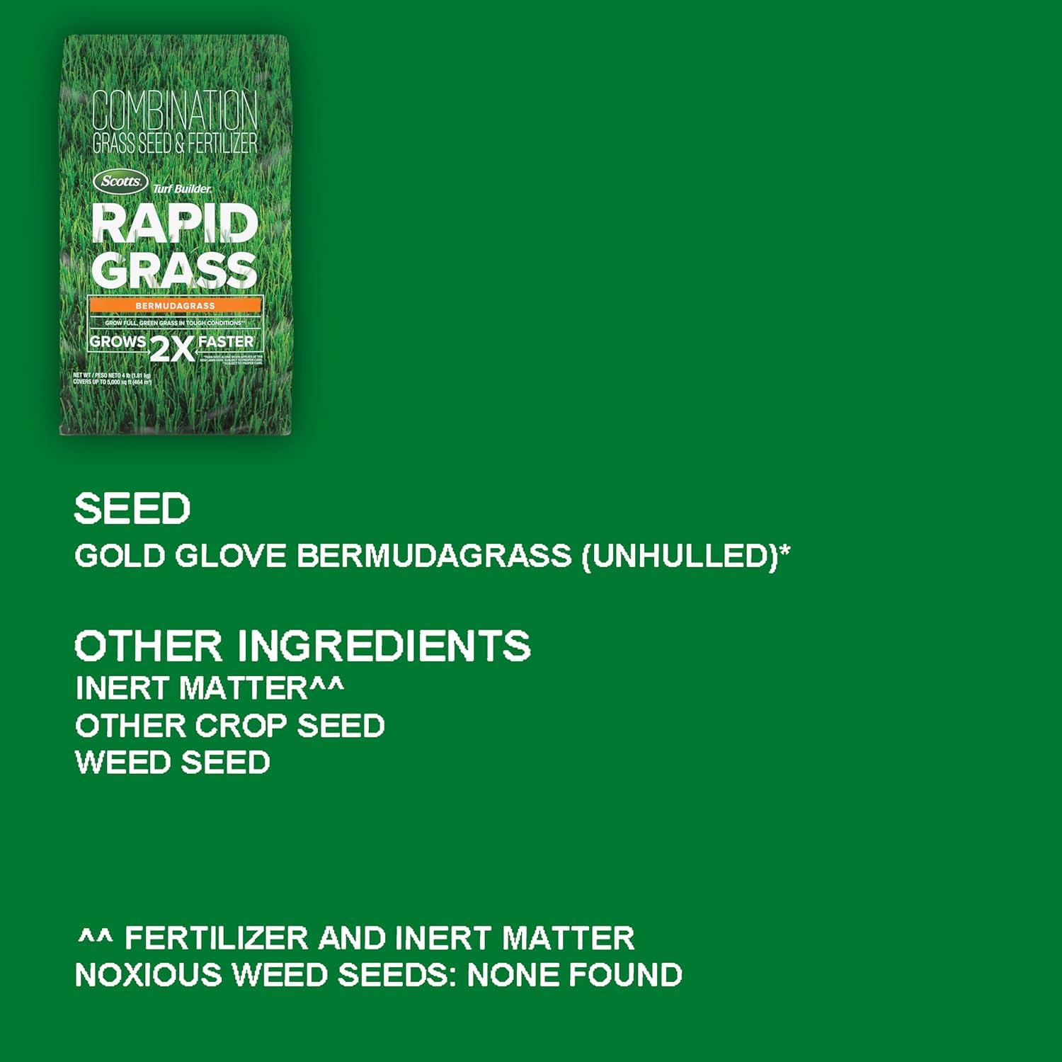 image:imageScotts Turf Builder Rapid Grass Bermudagrass Combination Grass Seed and Fertilizer Grows Full Green Grass 4 lbs4 lb