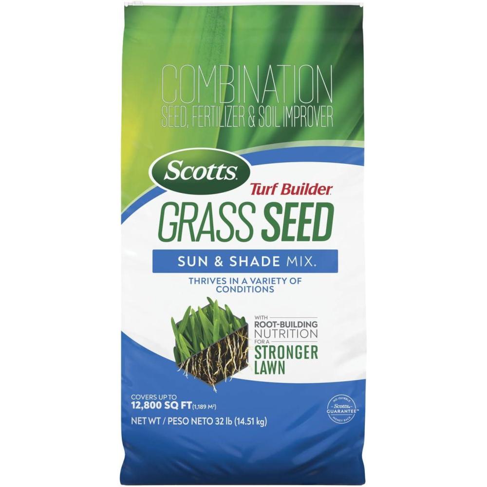 image:imageScotts Turf Builder Grass Seed Sun and Shade Mix with Fertilizer and Soil Improver Thrives in Many Conditions 32 lbs32 lb