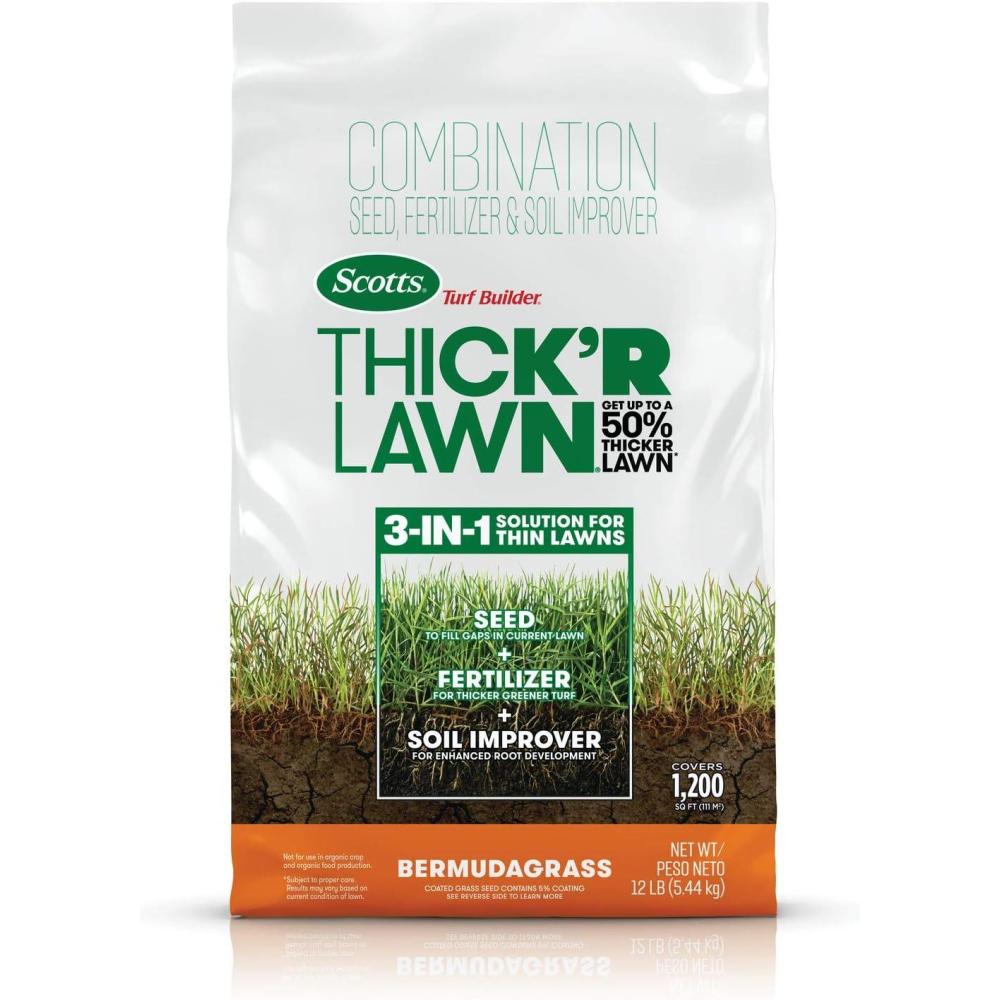 image:imageScotts Turf Builder ThickR Lawn Bermudagrass Combination Seed Fertilizer and Soil Improver Thickens Thin Grass 12 lbs12 lb