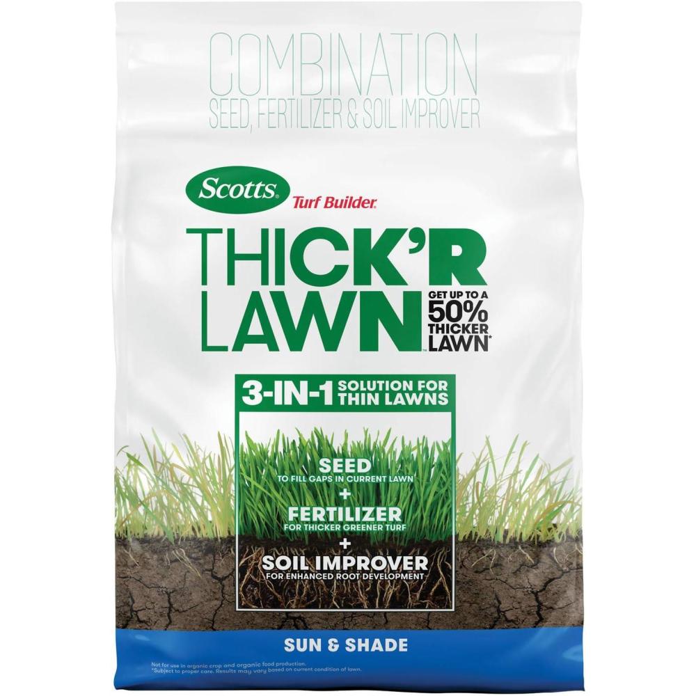 image:imageScotts Turf Builder ThickR Lawn Sun and Shade Combination Seed Fertilizer and Soil Improver Thickens Thin Grass 10 lbs12 lb