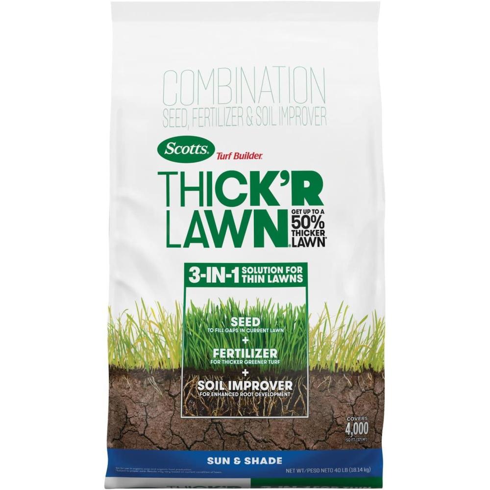 image:imageScotts Turf Builder ThickR Lawn Sun and Shade Combination Seed Fertilizer and Soil Improver Thickens Thin Grass 10 lbs40 lb