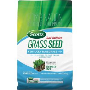 Scotts Turf Builder Grass Seed Kentucky Bluegrass Mix with Fertilizer and Soil Improver, Grows Dense, Green Turf, 5.6 lbs.(2.4 lb.)