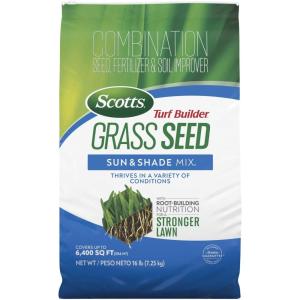 Scotts Turf Builder Grass Seed Sun and Shade Mix with Fertilizer and Soil Improver, Thrives in Many Conditions, 32 lbs.(16 lb.)