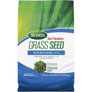 Scotts Turf Builder Grass Seed Sun and Shade Mix with Fertilizer and Soil Improver, Thrives in Many Conditions, 32 lbs.(2.4 lb.)