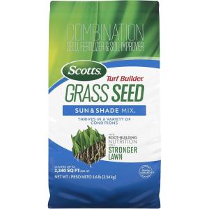 Scotts Turf Builder Grass Seed Sun and Shade Mix with Fertilizer and Soil Improver, Thrives in Many Conditions, 32 lbs.(5.6 lb.)