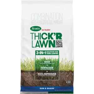 Scotts Turf Builder Thick’R Lawn Sun and Shade, Combination Seed, Fertilizer and Soil Improver, Thickens Thin Grass, 10 lbs.(40 lb.)