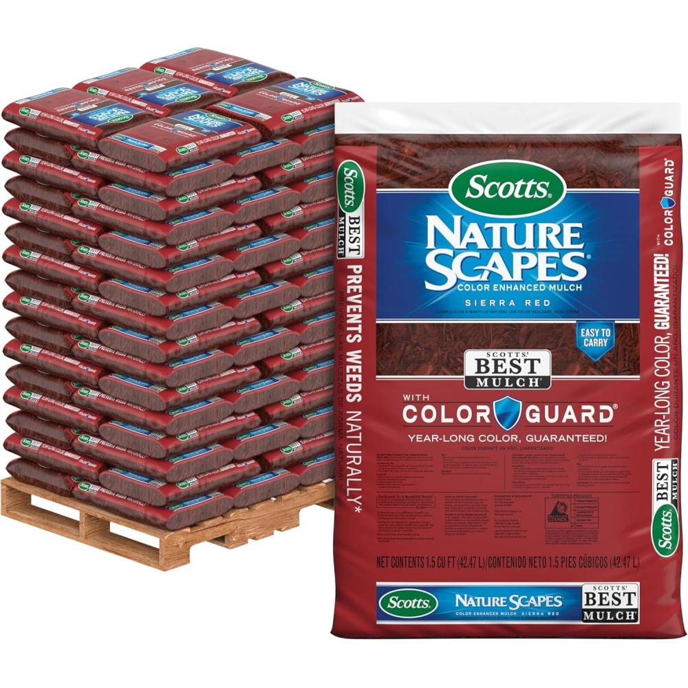 image:imageScotts Nature Scapes Color Enhanced Mulch Deep Forest Brown Wood Shredded and Bagged Brown Landscaping Mulch Bulk Mulch Pallet 15 cu ft Bags Pallet of 80Red
