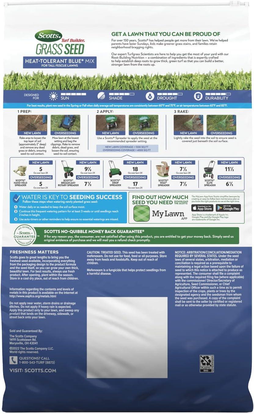 image:imageScotts Turf Builder Grass Seed HeatTolerant Blue Mix for Tall Fescue Lawns Grass Seed Plus Lawn Fertilizer and Soil Improver Covers Up to 1400 sq ft 56 lb16 lb