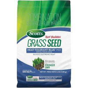 Scotts Turf Builder Grass Seed Heat-Tolerant Blue Mix for Tall Fescue Lawns – Grass Seed Plus Lawn Fertilizer and Soil Improver, Covers Up to 1,400 sq. ft., 5.6 lb.(2.4 lb.)