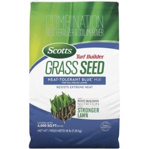 Scotts Turf Builder Grass Seed Heat-Tolerant Blue Mix for Tall Fescue Lawns – Grass Seed Plus Lawn Fertilizer and Soil Improver, Covers Up to 1,400 sq. ft., 5.6 lb.(16 lb.)